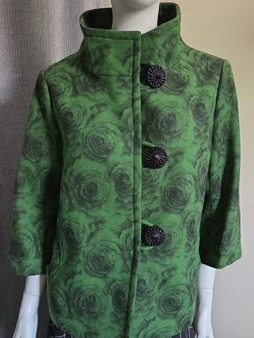 NWOT Made In Italy 100% Wool 3/4 Length Sleeve Green Roses Floral Pea Coat